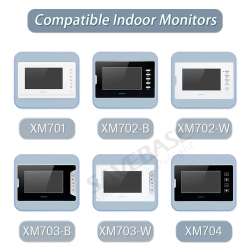 Flush-mount doorbell intercom showing compatible indoor monitor models XM701, XM702-B/W, XM703-B/W, XM704