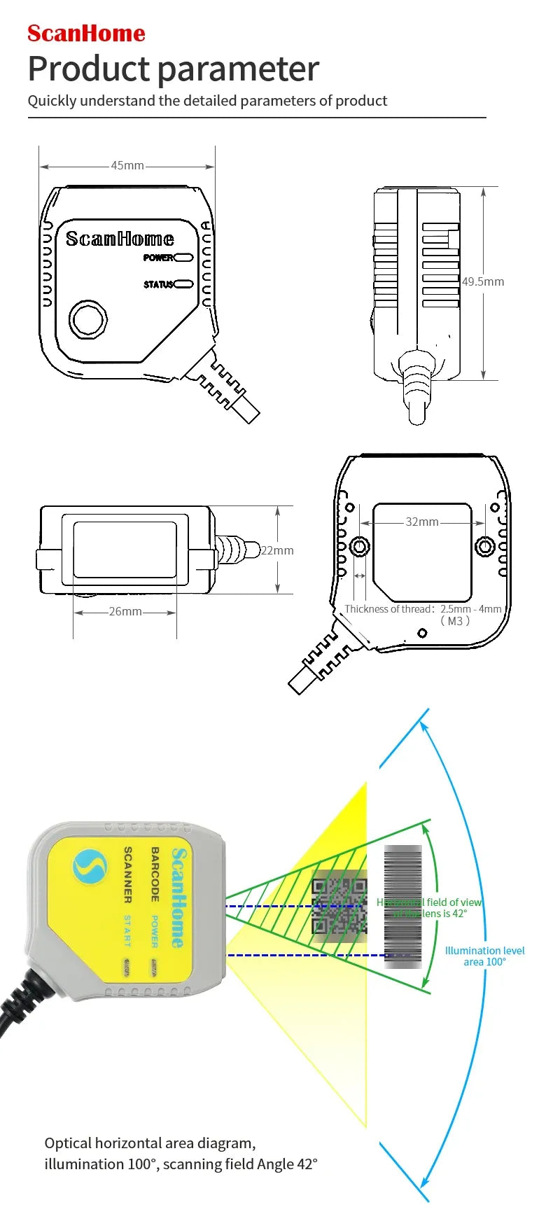 Fixed-mount barcode scanner with dimension drawings and angled illumination graphic