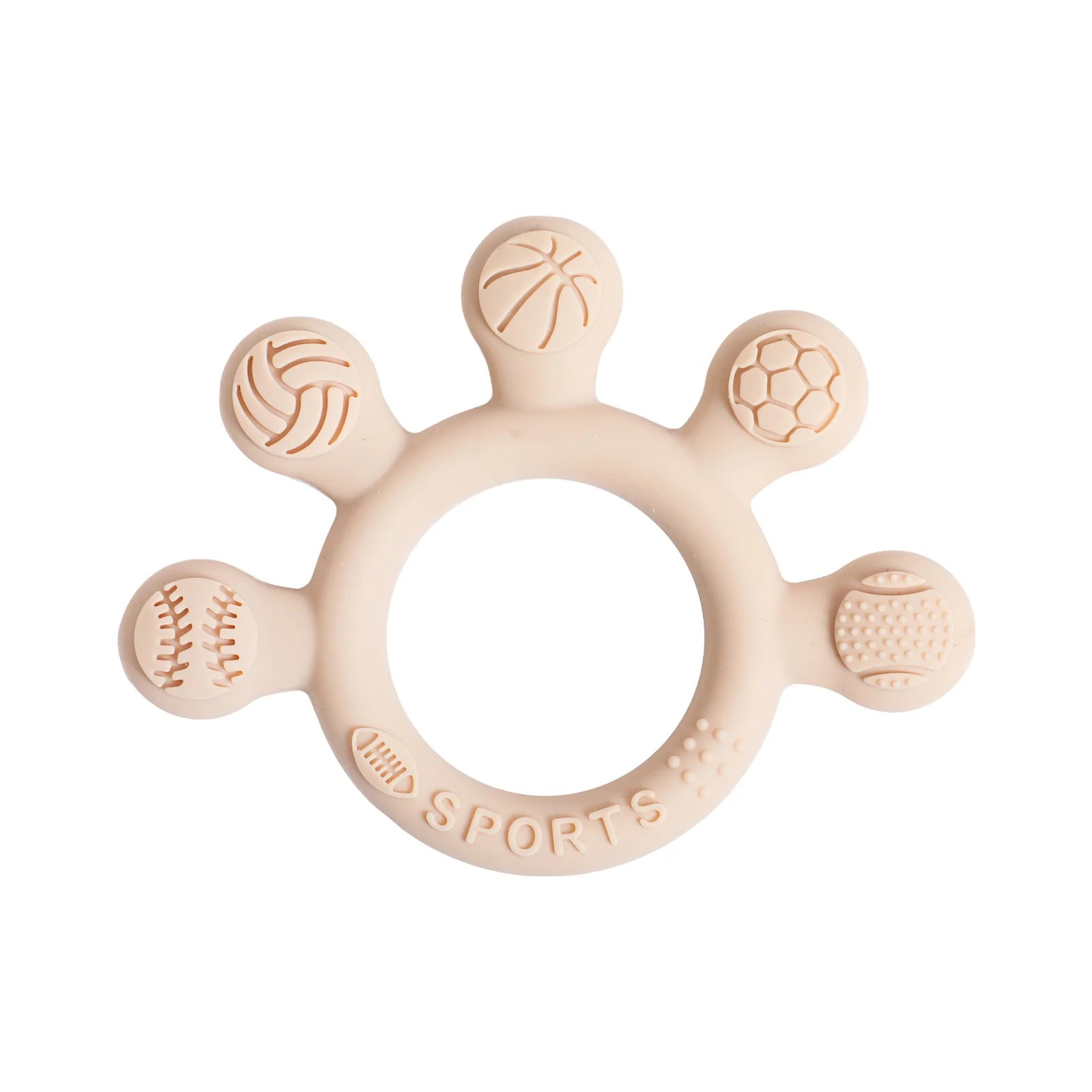 Beige silicone baby teething ring with sports ball designs for soothing teething relief.