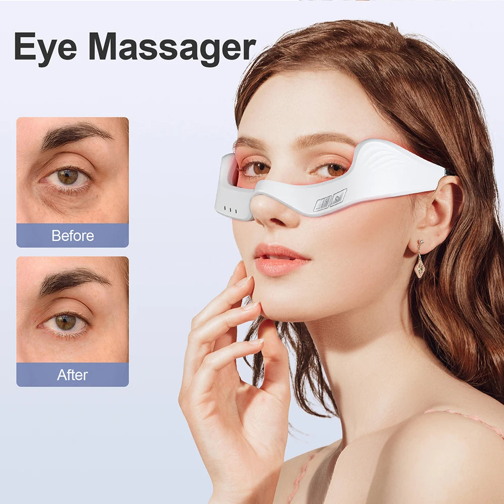 White electric under-eye massager glasses with red light therapy for eye fatigue relief and before-after results.