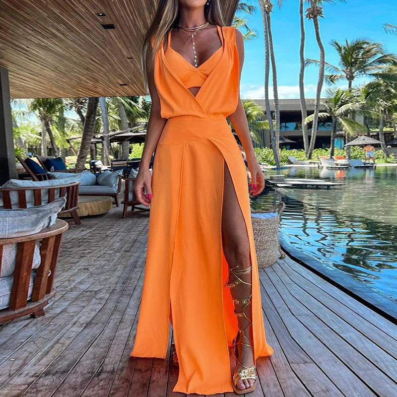 New Sexy Sets Women Summer Beach Style Printed Hollow Out Party Dress Outfit Deep V-Neck Bra Split Dress 2PCS Suits Dropshipping
