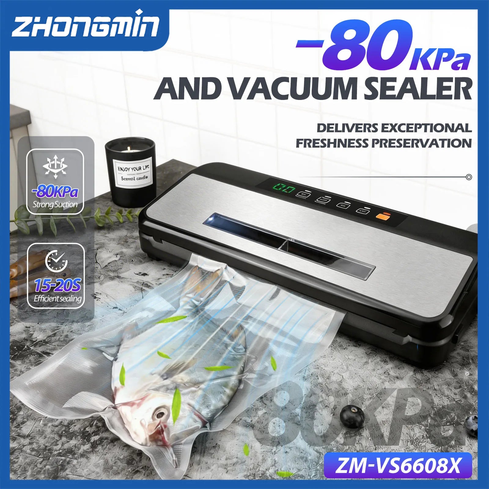 ZHONGMIN Multifunctional Vacuum Sealer Machine 110V Automatic Food Sealer with Built-in Cutter 5mm Dual Sealing Strong Suction