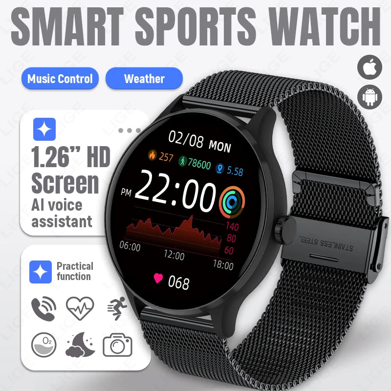 Smart sports watch with black mesh strap, round black 1.26" HD screen.