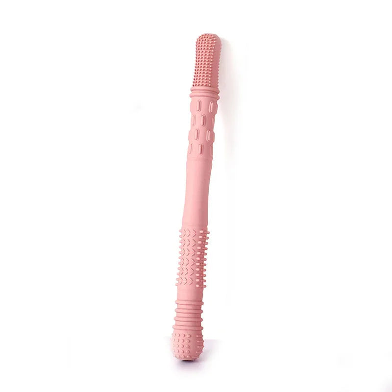 Pink silicone teething toy for baby teething relief.