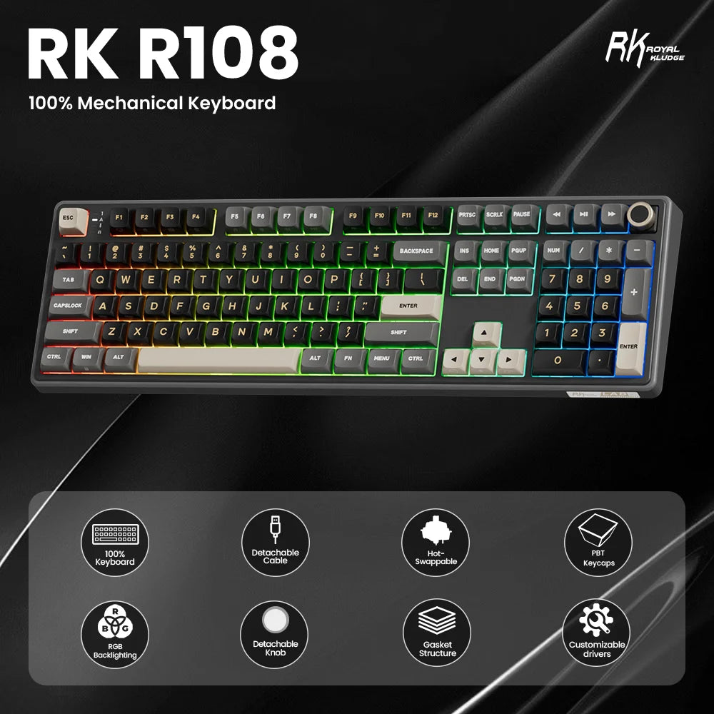 RK Royal Kludge R108 Wired Gamer Keyboard 100% 108 Keys MDA PBT Keycap Gasket RGB Hot-swappable Mechanical Keyboard Volume Knob