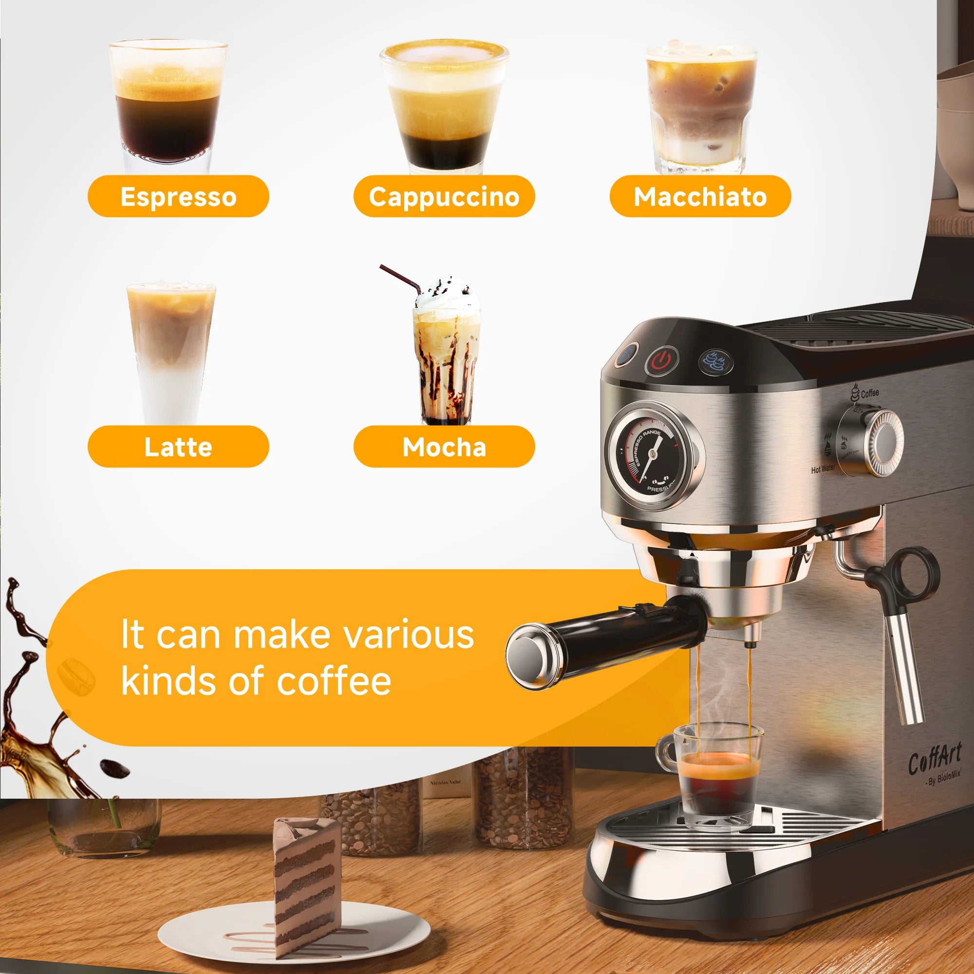 CoffArt by Biolomix stainless steel espresso machine with pressure gauge and steam wand for varied coffee drinks.