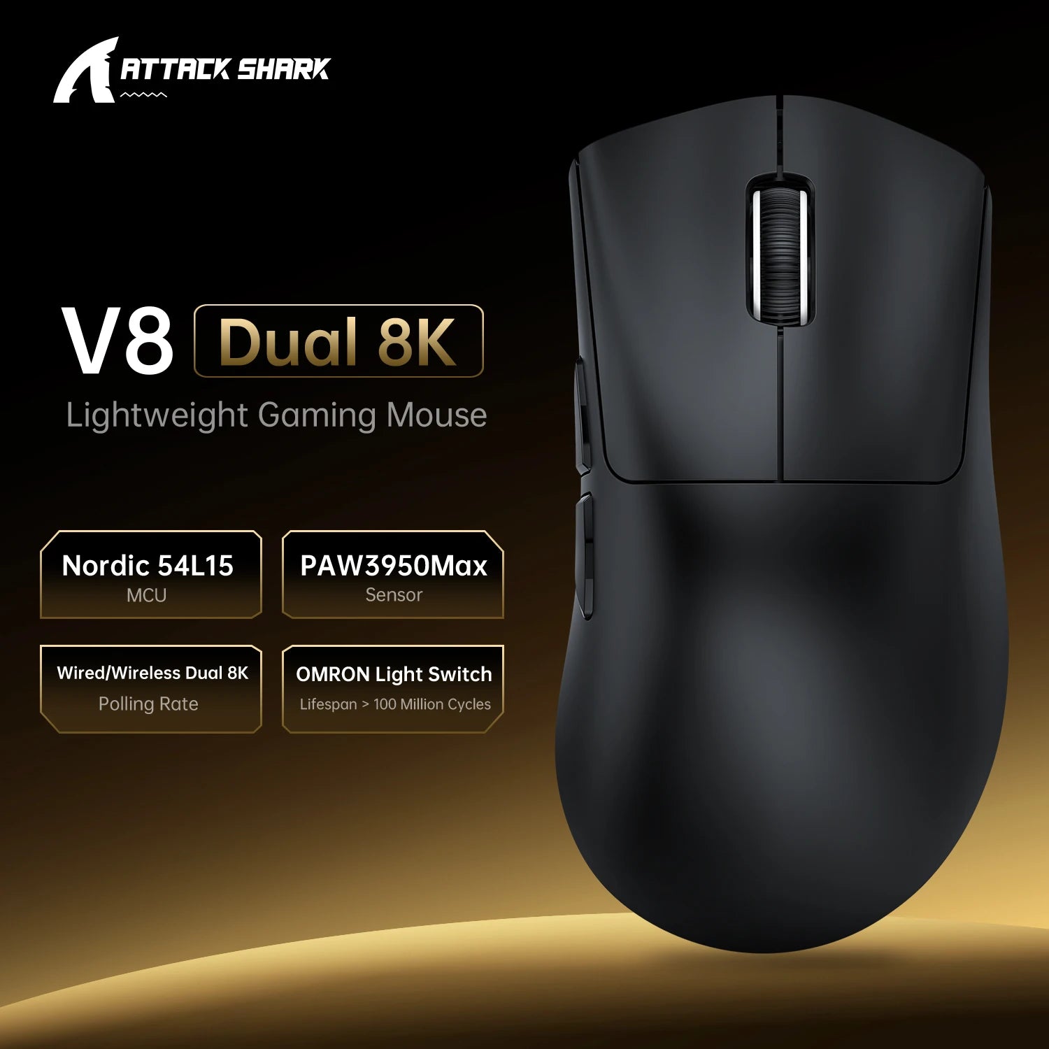 8K Receiver & V8 Wireless Mouse,Attack Shark PAW3950Max Sensor,0.168ms Key Delay and Golden Right Hand Design,Black/White Choice