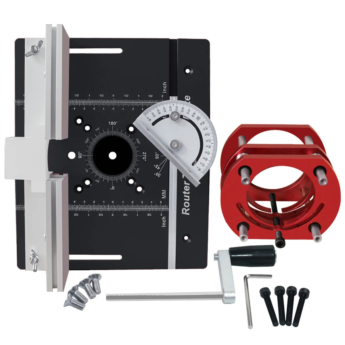Black router table insert plate set with guide markings and included mounting hardware