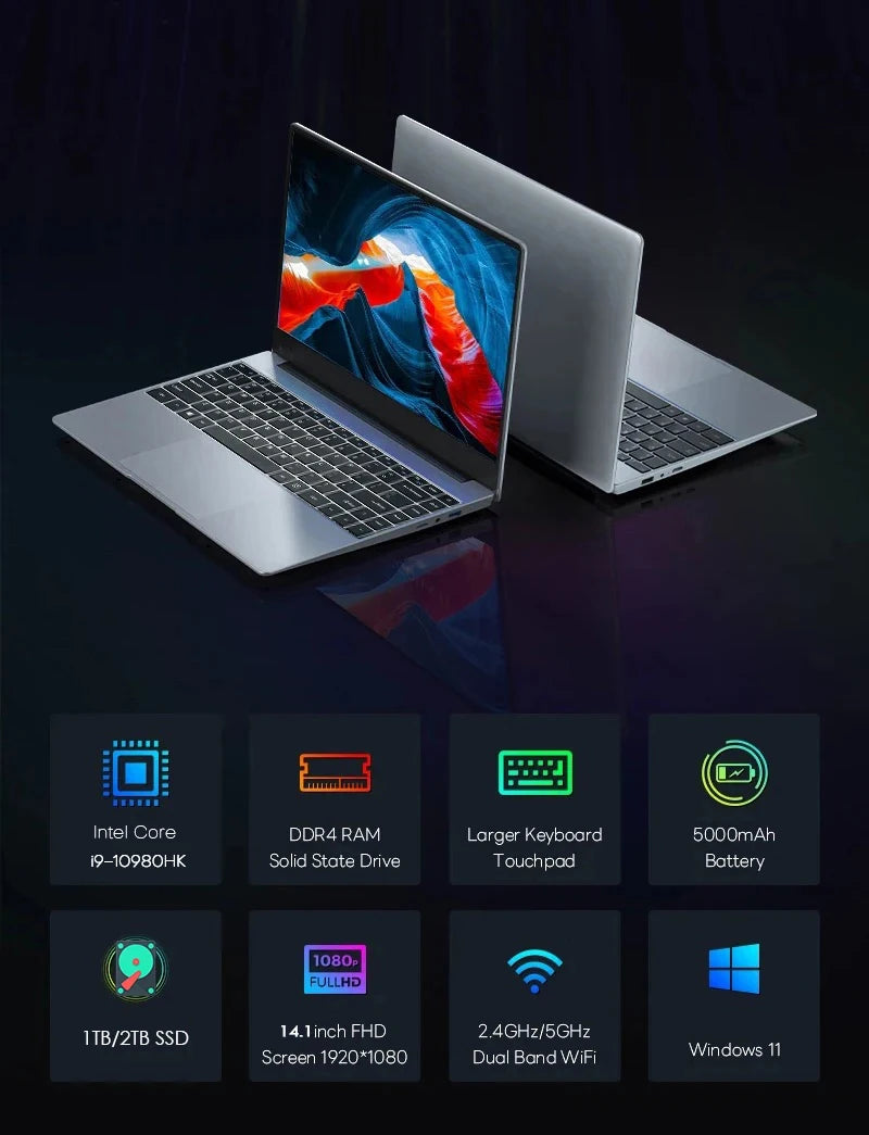 2026 New 14.1" Laptop Computer Intel Core i9 10980HK Windows 11 Pro 16GB RAM 1TB M.2 SSD Gaming Notebook WiFi6 Portable Laptop