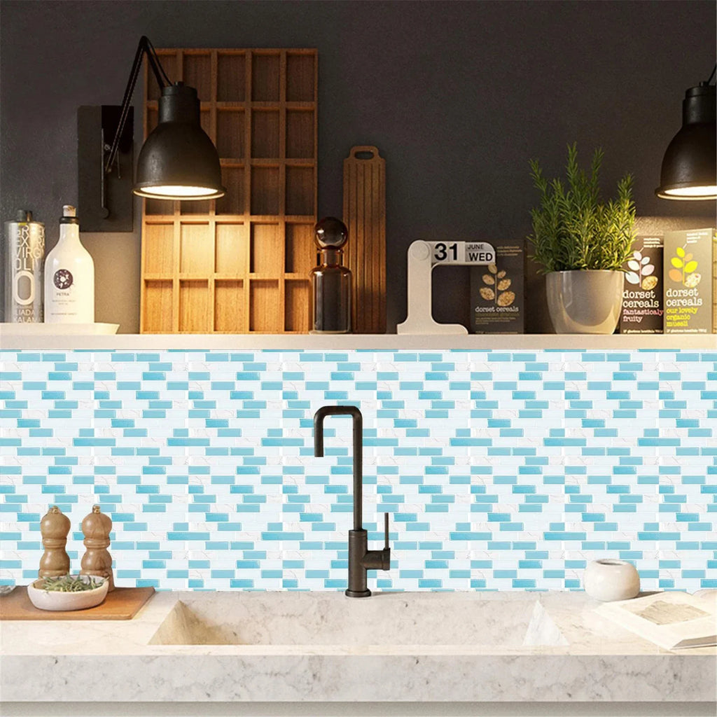 Blue and white 3D mosaic tile wall sticker pattern on a self-adhesive sheet