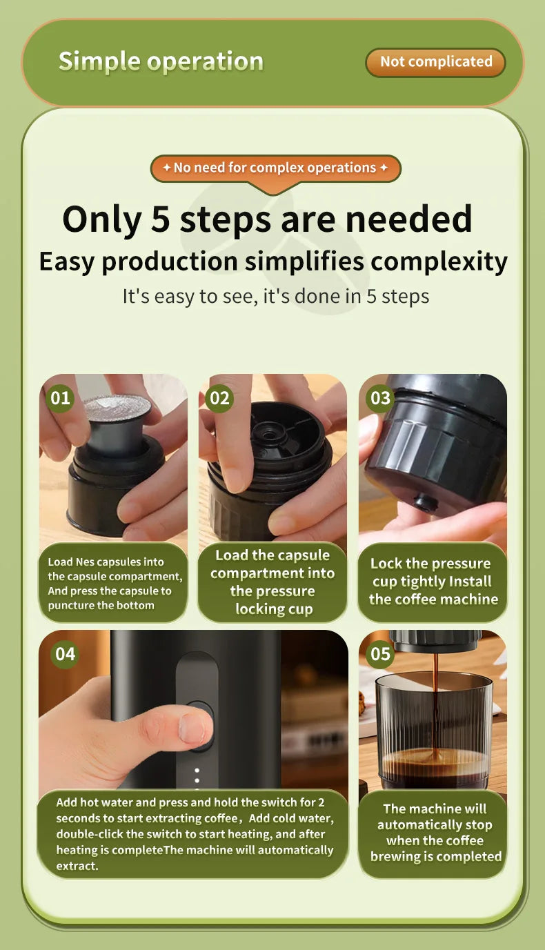 Black portable capsule coffee maker, 5-step brewing instructions for Nespresso-compatible manual espresso machine.