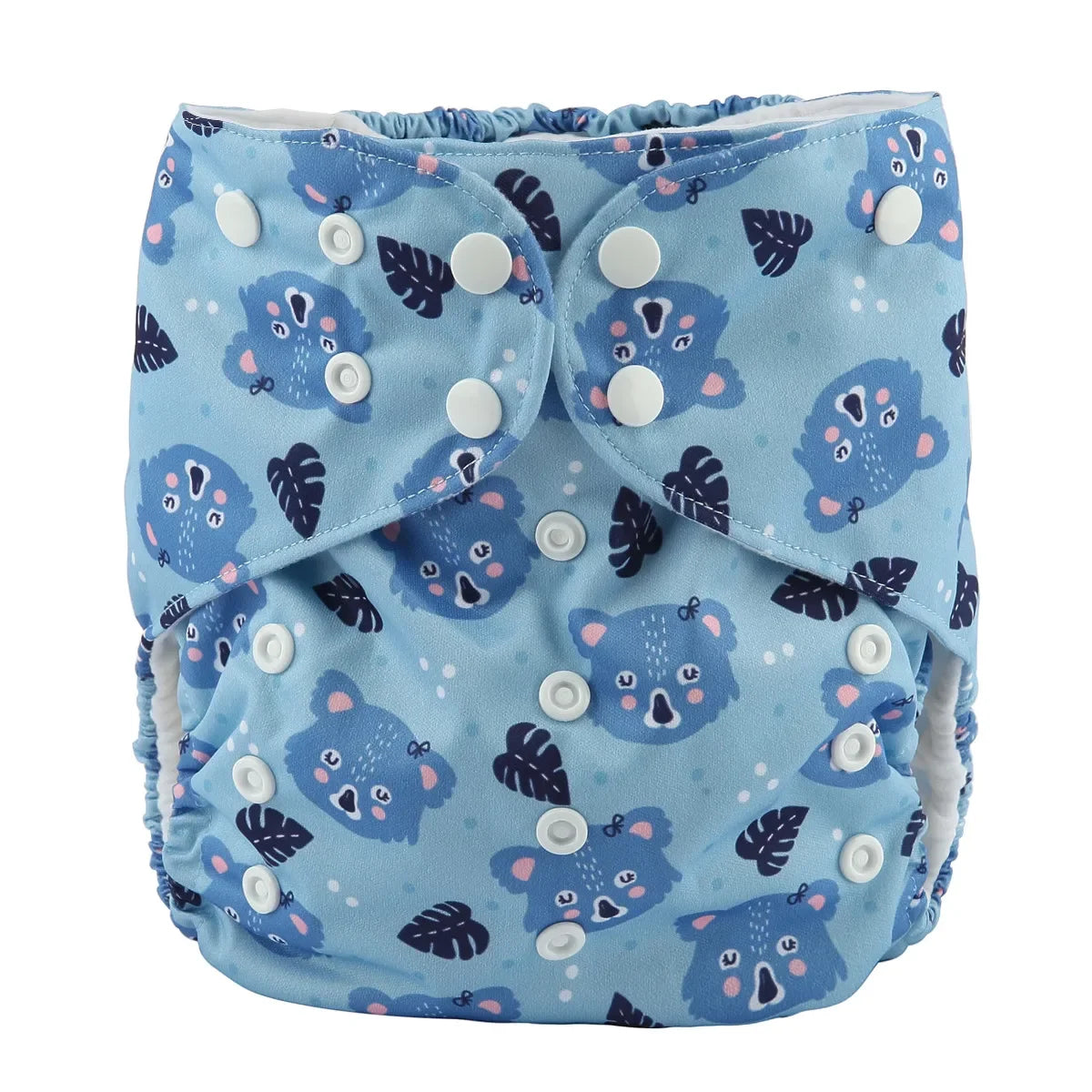 Reusable cloth baby diaper with adjustable snaps and cute blue koala and tropical leaf pattern.
