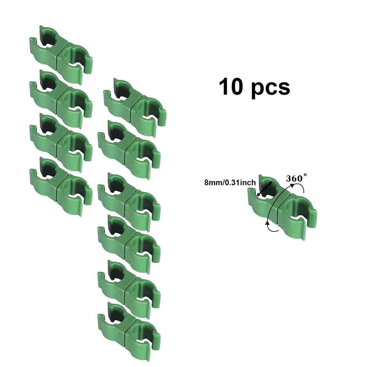 Light green plastic plant support clips, 10-pack, 8mm holders with 360° rotation
