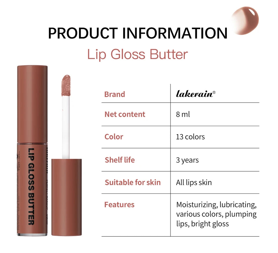 Lakerain non-stick butter lip gloss with moisturizing mirror finish, smooth texture, and long-lasting color.
