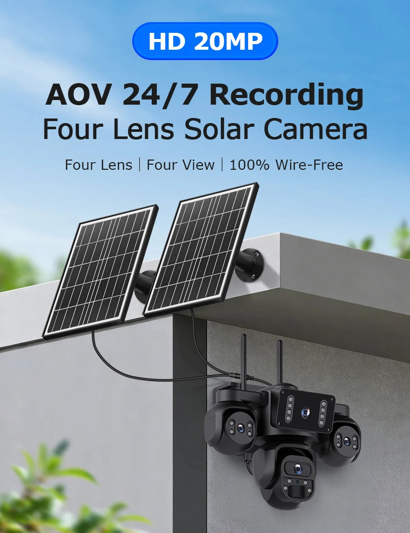 OKAM PRO AOV 24/7 Online Four Lens  AI Solar Camera Security Outdoor 360° Panoramic View CCTV  20100mAh Batterys Night Vision
