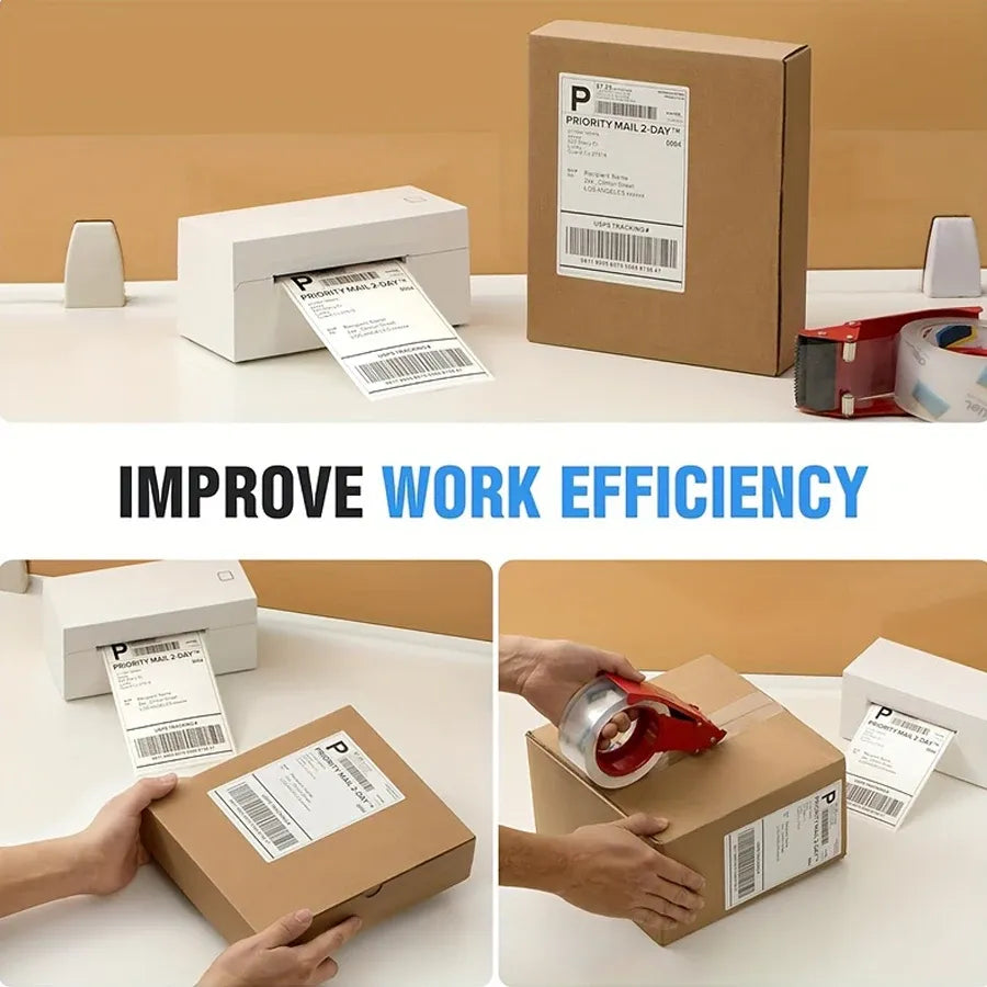 Adhesive thermal shipping labels on cardboard boxes for express delivery shipping.
