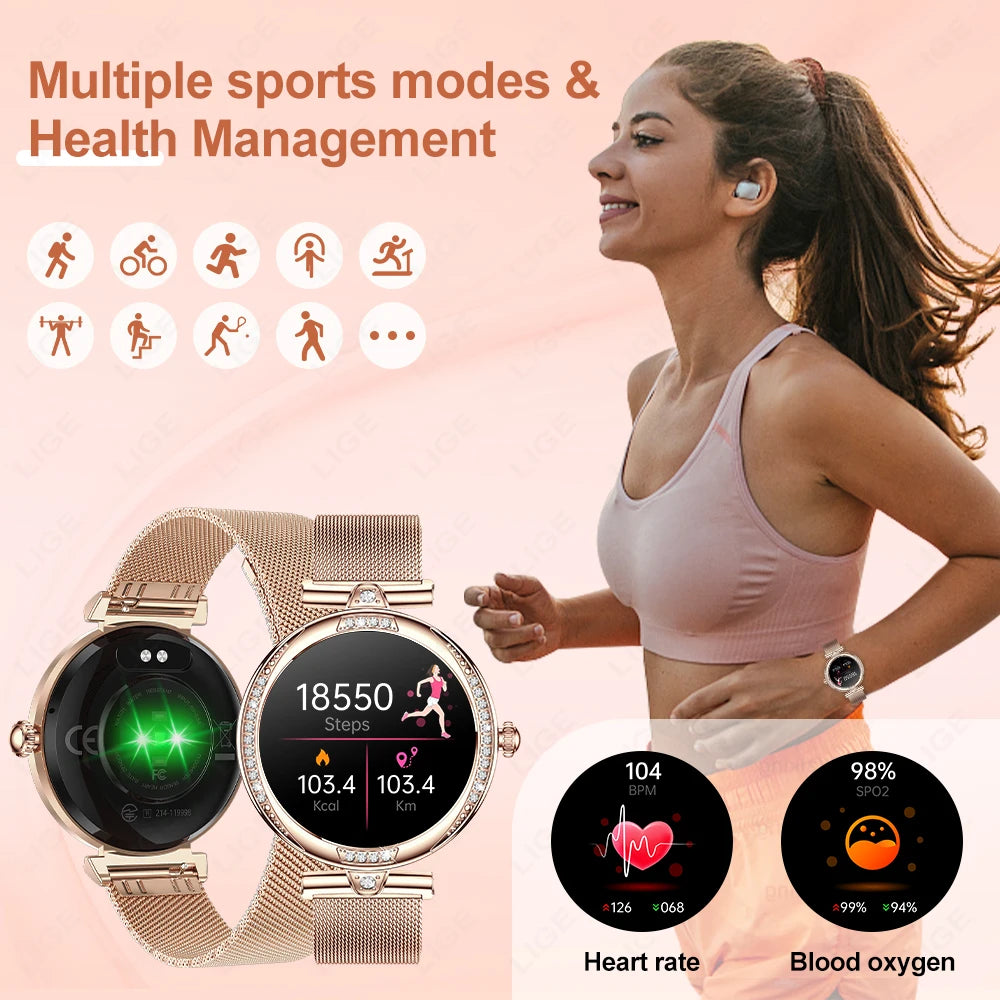 LIGE New Women Smart Watch 1.19 Inch AMOLED Full Touch Screen Sports Fitness Watches Bluetooth Call Digital Smartwatch Lady Gift