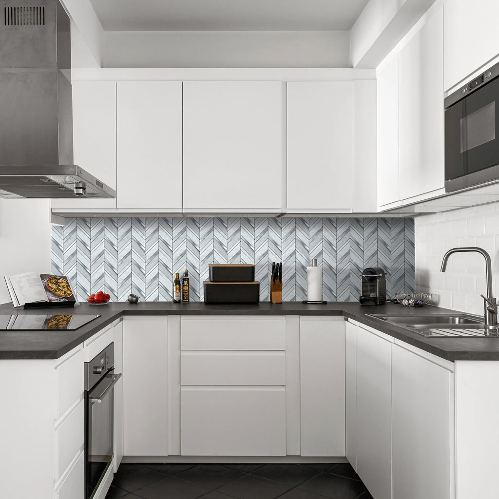 Herringbone Peel and Stick Backsplash, Faux Stone PVC Self Adhesive Marble Tiles for Kitchen Bathroom