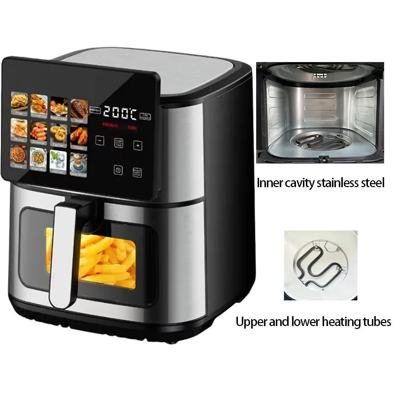 Smart Electric Air Fryer Household Multifunctional Automatic Potato Chip Machine 8L Stainless Steel Interior With Window