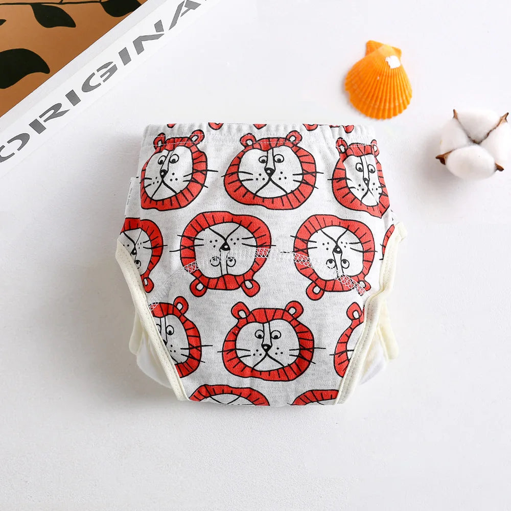 Reusable cotton baby training diaper with cute lion print pattern for toddlers.
