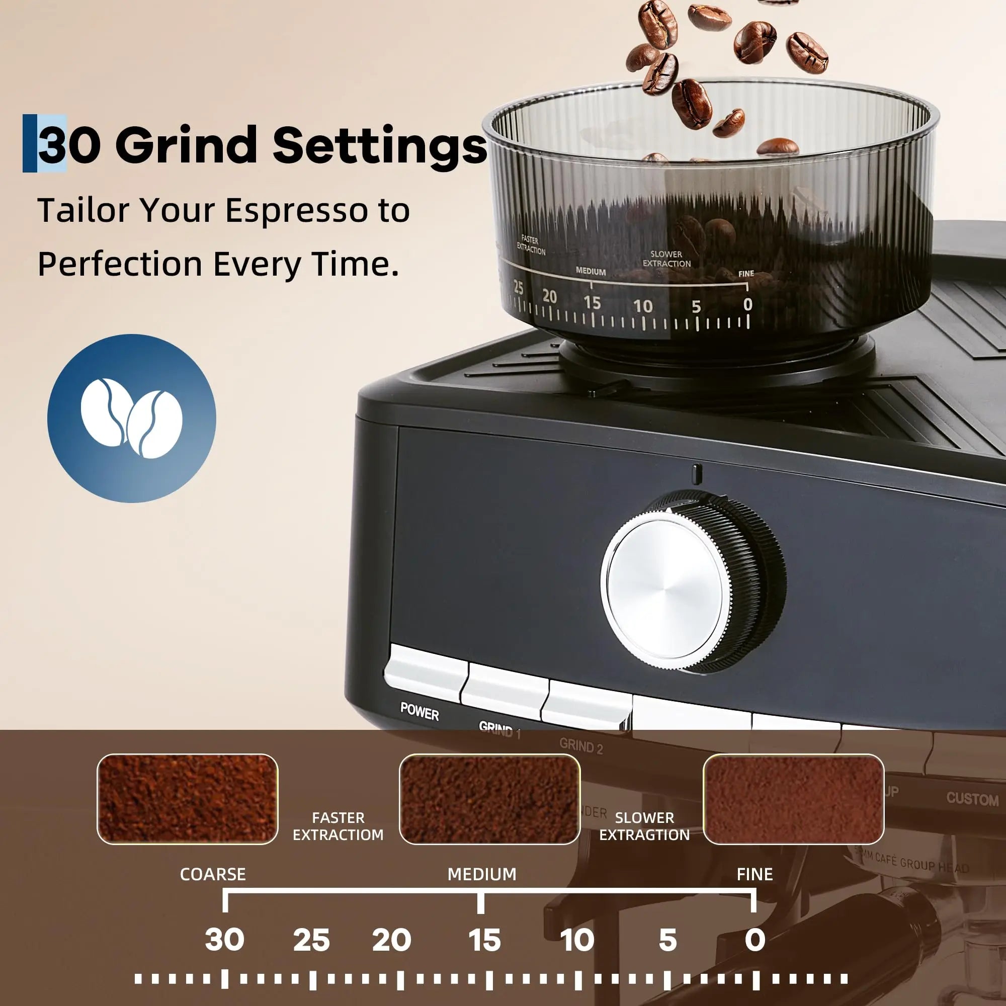 Black espresso machine with integrated grinder, featuring 30 adjustable grind settings and a clear bean hopper.