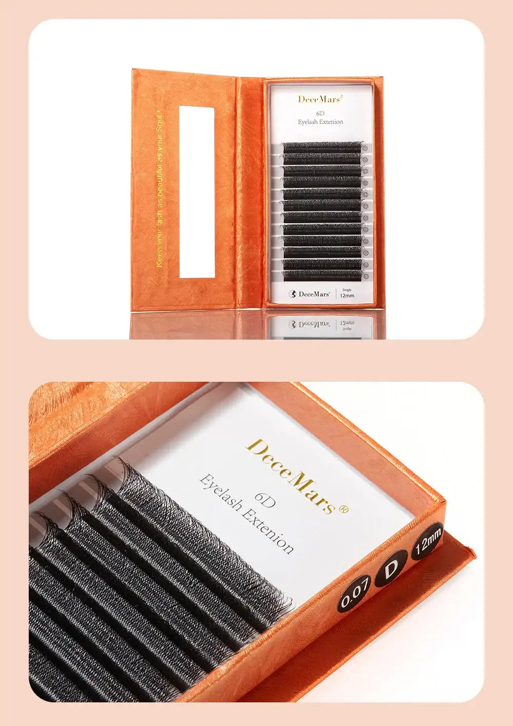 DeceMars 6D-W black eyelash extensions in an orange, textured rectangular tray case.