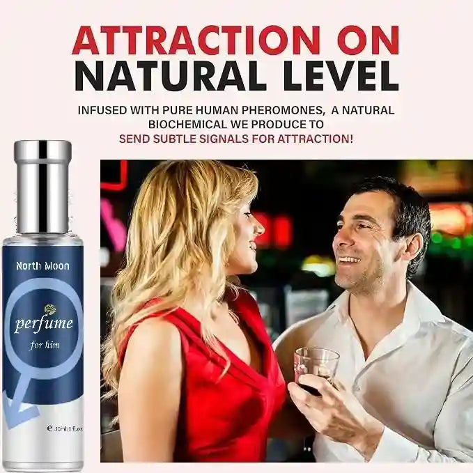 North Moon men’s pheromone cologne in a cylindrical spray bottle. Long-lasting, confidence-boosting scent for dating.