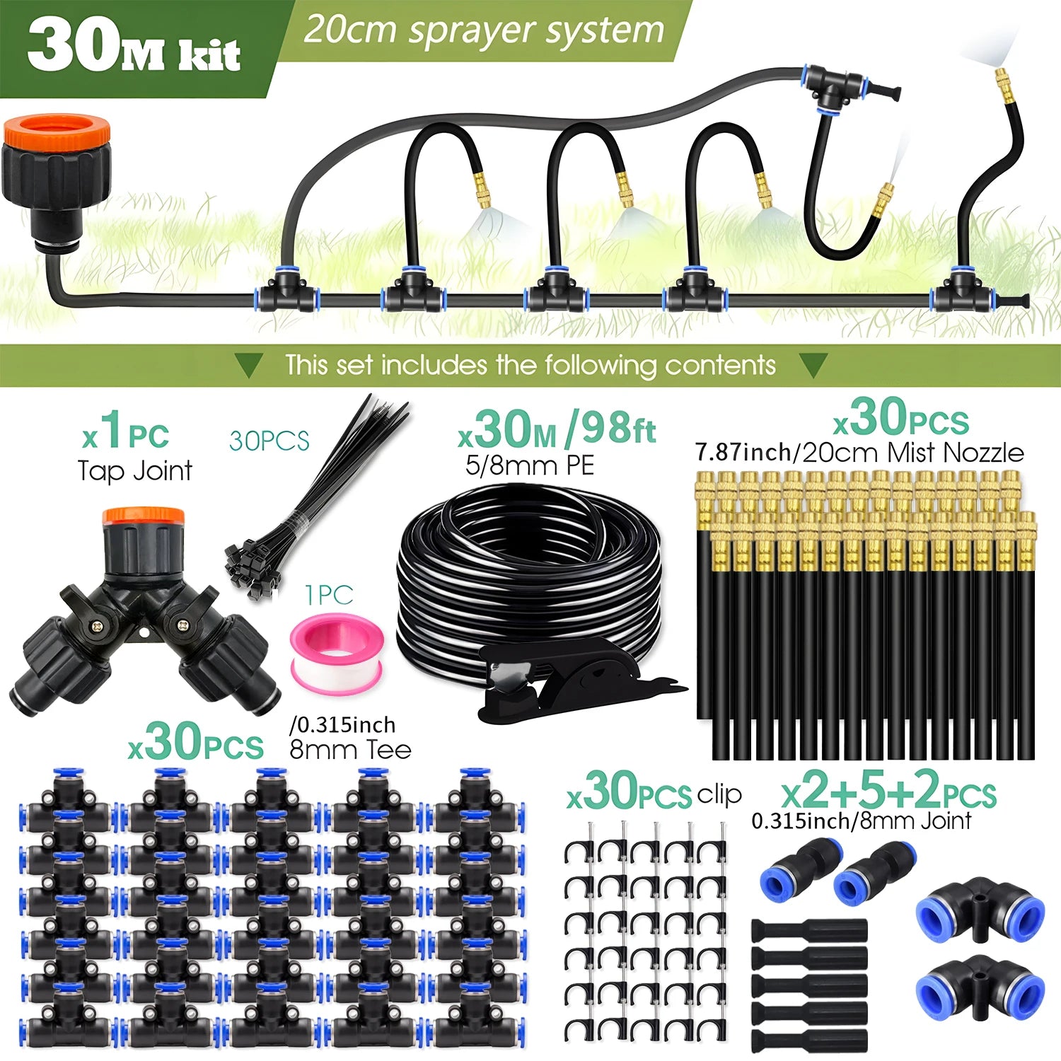 30M-5M DIY Free Bending Universal Sprayer Kit 8mm Hose Patio Misting Cooling System for Garden Plant Fogging Watering Irrigation
