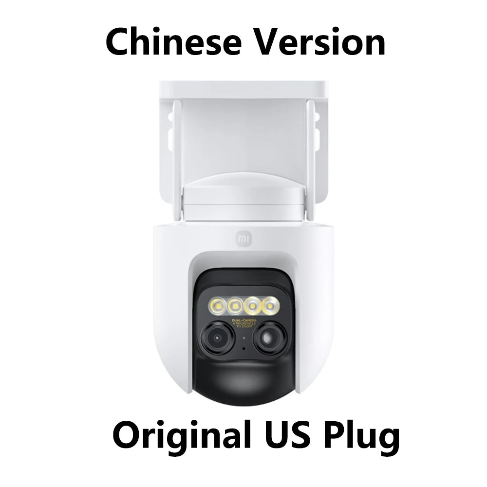 Xiaomi outdoor security camera with original US plug, white housing and mounting bracket