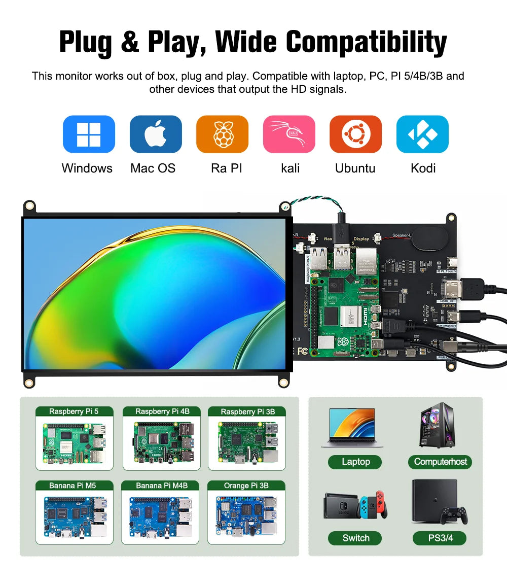 8 Inch Raspberry Pi Touch Monitor 1920×1200 IPS 10-Point Touch Screen Built-in Speaker HDMI Display for Pi 5 4B PC Case 3D Print