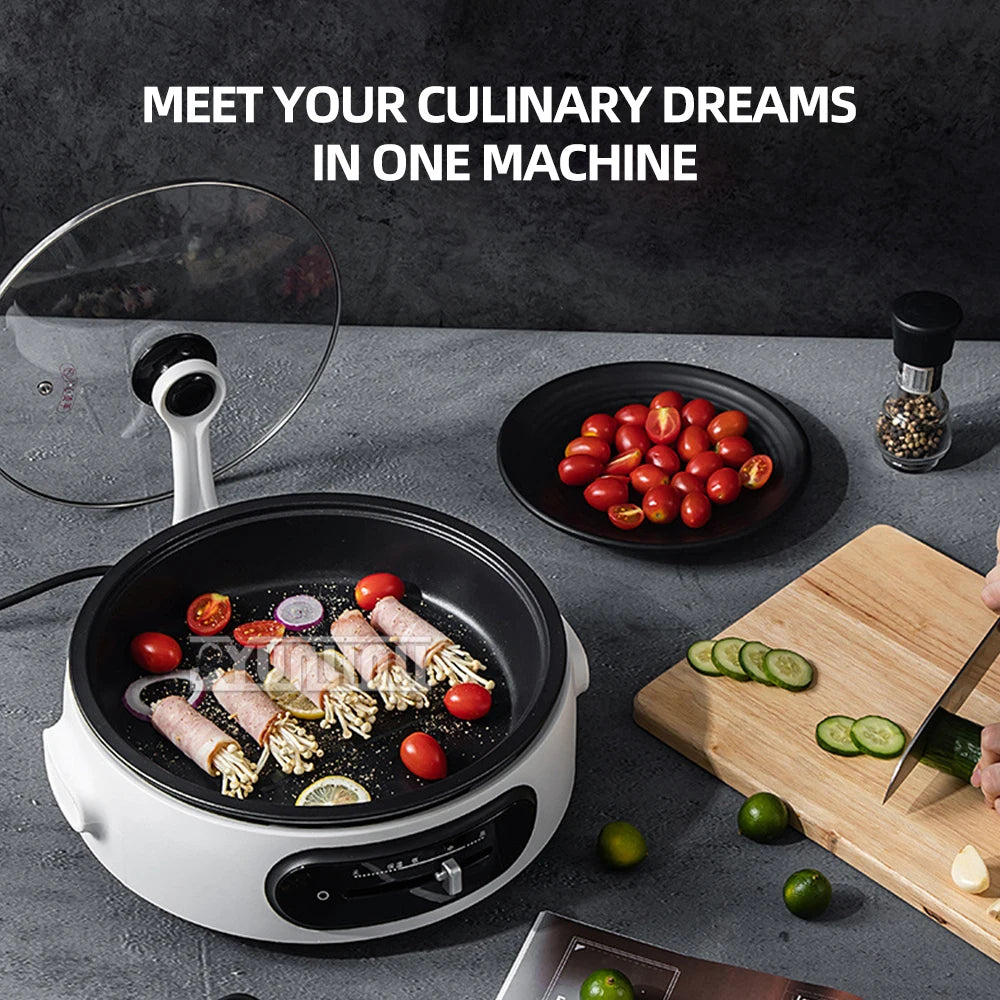 Portable electric multi-cooker on countertop with open lid and dark nonstick pan surface