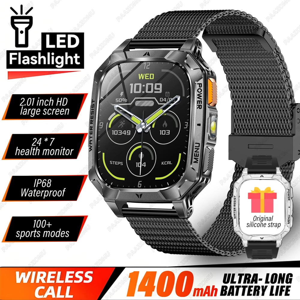 2026 New 1400mAh Big Battery Smart Watch Men Outdoor GPS Flashlight 10ATM Waterproof Bluetooth Call AMOLED HD Sports Smartwatch