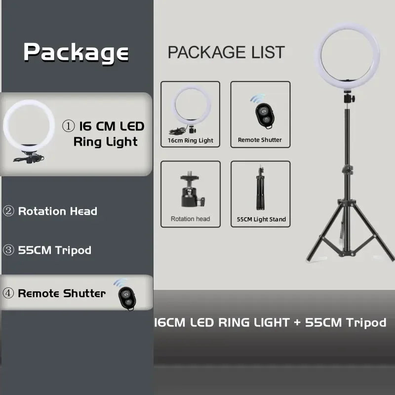 16cm LED ring light kit with 55cm black tripod stand, rotation head, and wireless remote for photography and video.