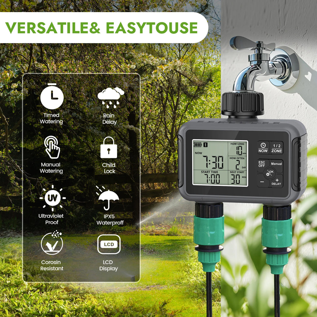 Outdoor LCD watering timer with two green connectors and rain-proof design housing