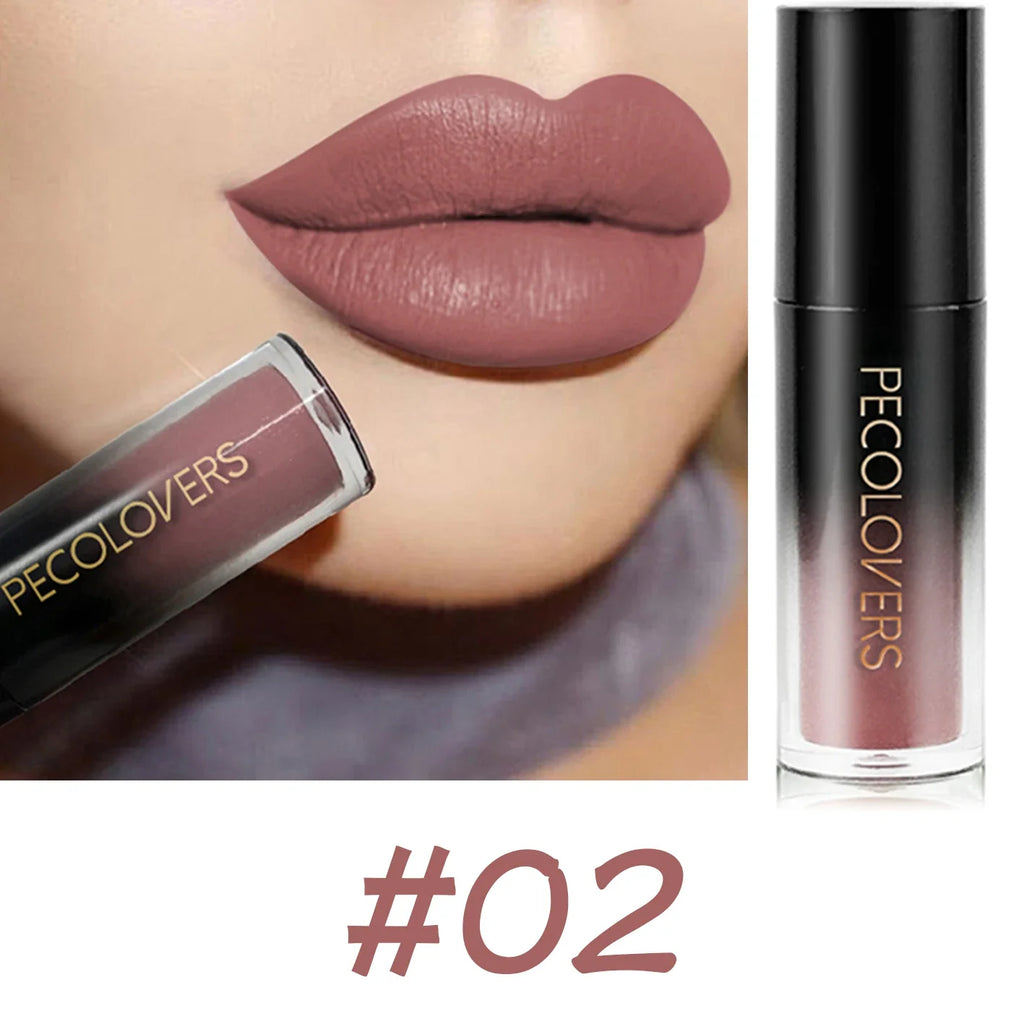 Pecolovers velvet matte liquid lipstick in shade #02, a long-lasting, waterproof, non-stick mauve lip makeup.