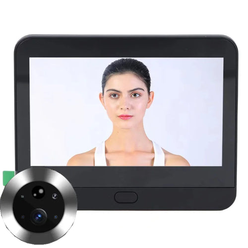 Black video doorbell monitor with built-in screen and attached circular camera lens