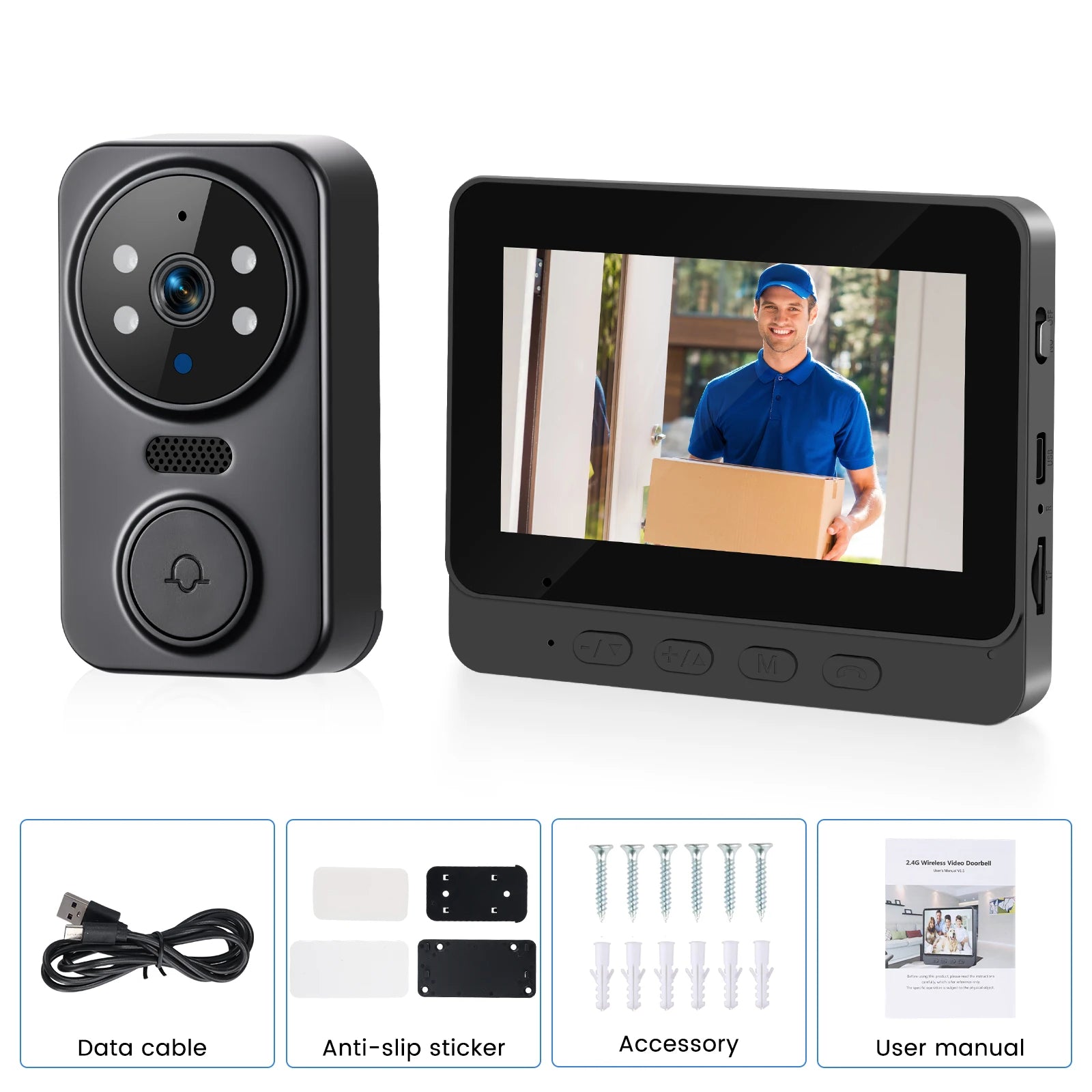 Podofo Wireless Video Doorbell with Screen 4.3'' IPS HD Smart Intercom 2.4G No WIFI Visible Doorbell Two-Way Talk Night Vision