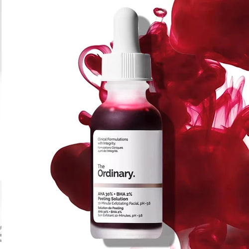 AHA 30% + BHA 2% peeling solution dropper bottle with red splash accents