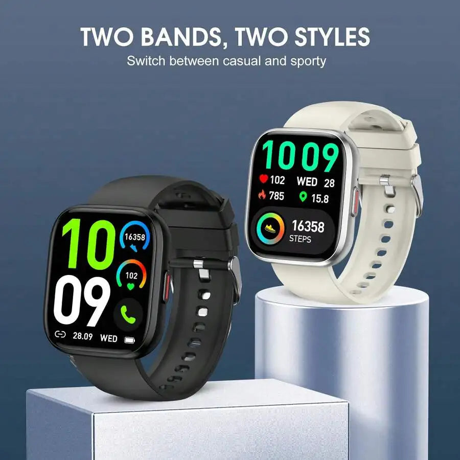 Smartwatch two-pack with black and white silicone bands and square touch screen faces