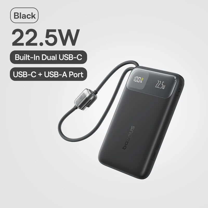 Black rectangular 22.5W portable power bank with a built-in braided USB-C charging cable and digital battery display.