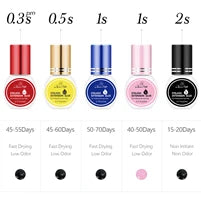 Five colored bottles of eyelash extension glue with varying drying times, longevity, and odor levels.