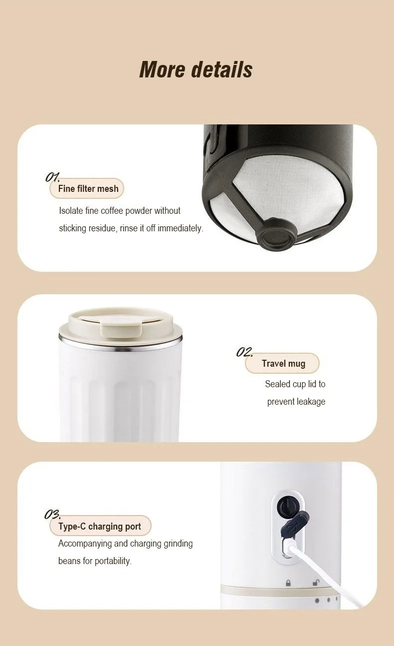 Portable white electric coffee grinder with fine mesh filter, travel mug lid, and USB-C charging port.