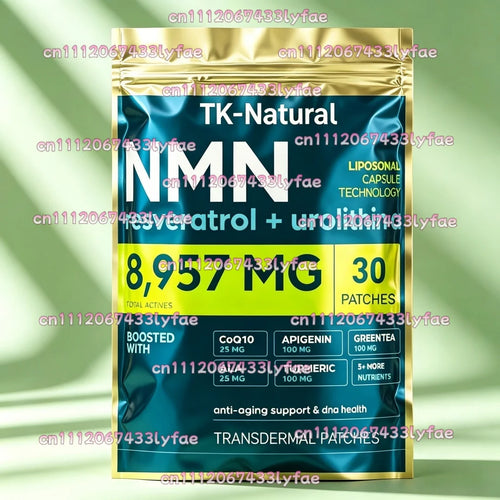 TK-Natural 8,957mg NMN and Resveratrol anti-aging supplement in a gold and teal foil patch bag.
