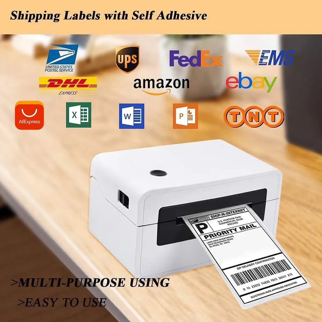 Self-adhesive shipping labels for major carriers, shown on label dispenser and label sheet