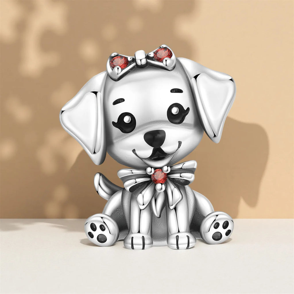 925 sterling silver puppy dog charm with red gemstone bow for DIY bracelets. Trendy pet jewelry gift for dog lovers.