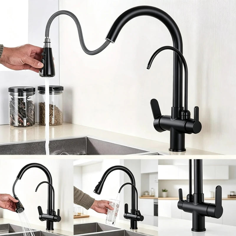 Kitchen Faucet Pull Down Sprayer Dual Handle Stainless Steel Kitchen Tap with Drinking Water Outlet for Water Filter