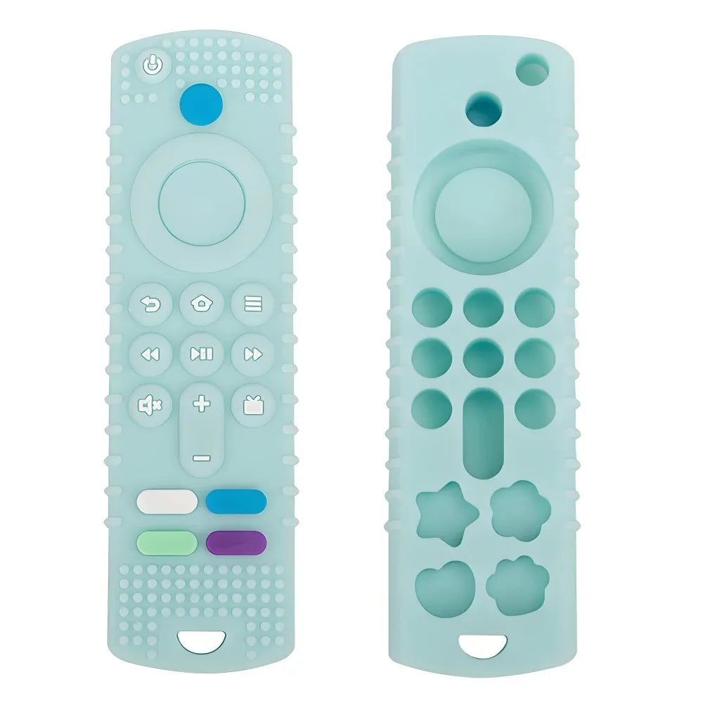 Light blue silicone baby teething toy shaped like a remote control for soothing sore gums.