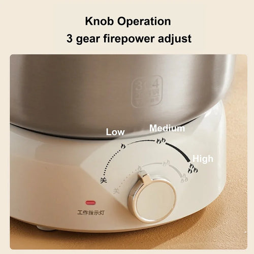 White electric hot pot base with 3-gear temperature knob labeled low, medium, high
