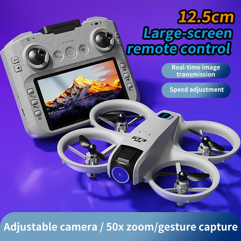 Grey drone with four protected propellers and a remote controller with a 12.5cm screen for real-time video transmission.