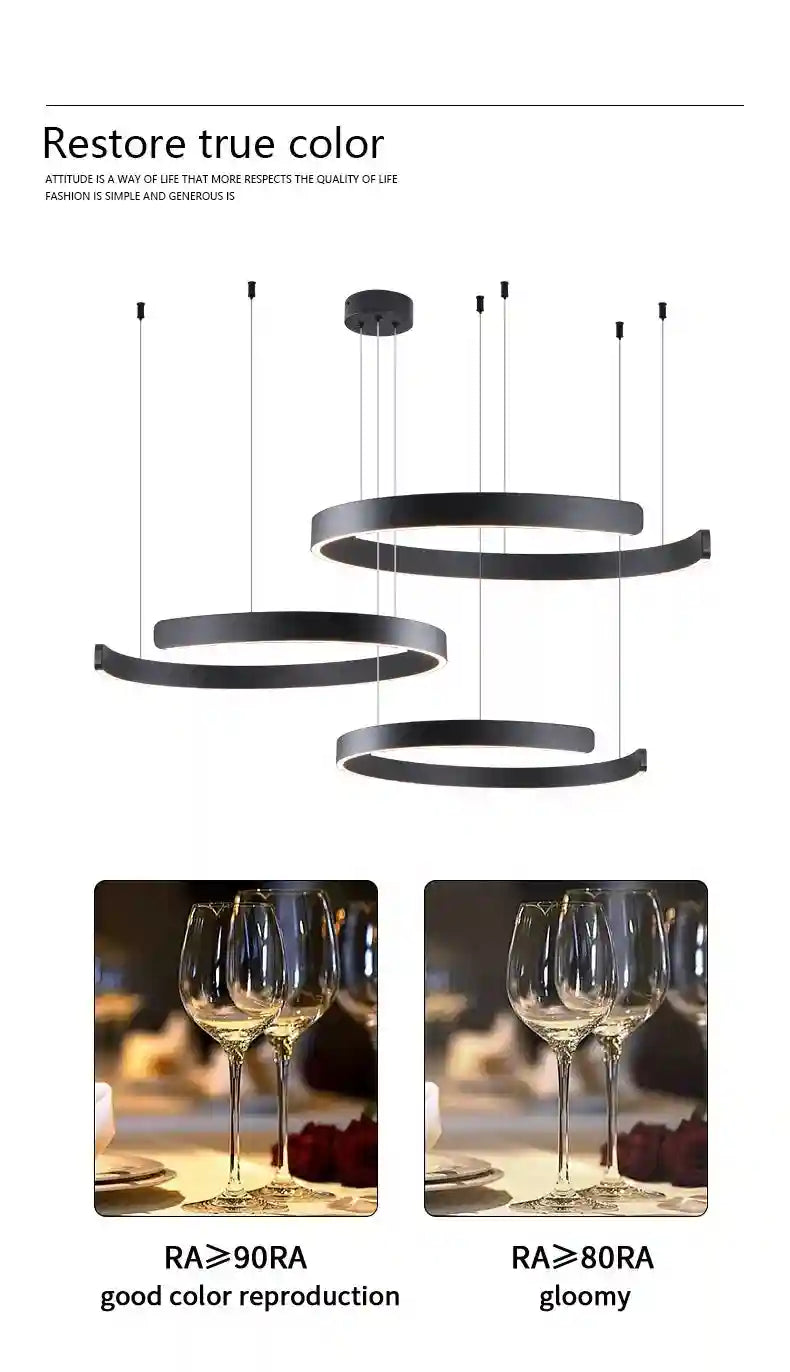 Modern 3-Ring LED Chandelier - Adjustable Dimmable Black Finish Tidesmit